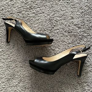 Nine West black leather platform sling backs with open toe and suede inset